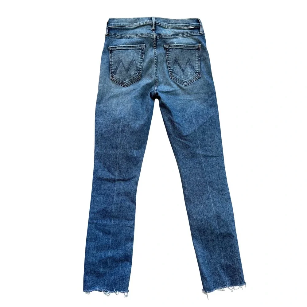 MOTHER Dazzler Mid Rise Ankle Fray Jeans Living In Circles Blue Distressed 28
